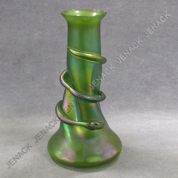 LOETZ ART GLASS VASE WITH SERPENT, UNSIGNED: LOETZ ART GLASS VASE WITH SERPENT, UNSIGNED. HEIGHT 12 3/4" (RIM CHIPS)