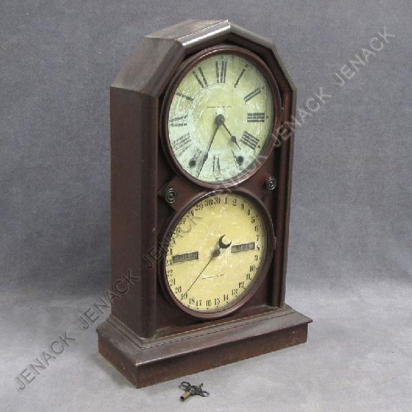 SETH THOMAS PARLOR CALENDAR NO.5 SHELF CLOCK: SETH THOMAS PARLOR CALENDAR NO.5 MAHOGANY DOUBLE-DIAL SHELF CLOCK, 1876. HEIGHT 20"; WIDTH 12 1/2" (DIAL AS IS)