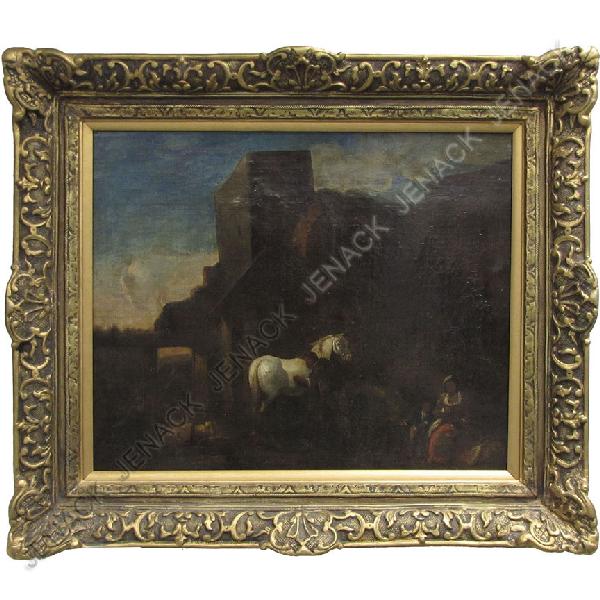 CONTINENTAL SCHOOL (18TH CENTURY), OIL ON CANVAS: CONTINENTAL SCHOOL (18TH CENTURY), OIL ON CANVAS, STABLE WITH GROOM, UNSIGNED. 20 X 24"; FRAMED 20 X 30" (OLD REPAIRS)