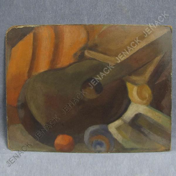 CONTINENTAL SCHOOL (20TH CENTURY), OIL ON BOARD: CONTINENTAL SCHOOL (20TH CENTURY), OIL ON BOARD, ARRANGEMENT WITH GUITAR, UNSIGNED. 15 3/4 X 19 1/4"