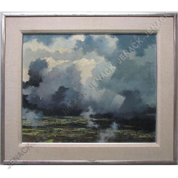 ERIC SLOANE (KENT CONNECTICUT 1905-1985), OIL: ERIC SLOANE (KENT CONNECTICUT 1905-1985), OIL ON MASONITE, PARTING CLOUDS, SIGNED. 19 5/8 X 24 1/4"; FRAMED 27 X 31"