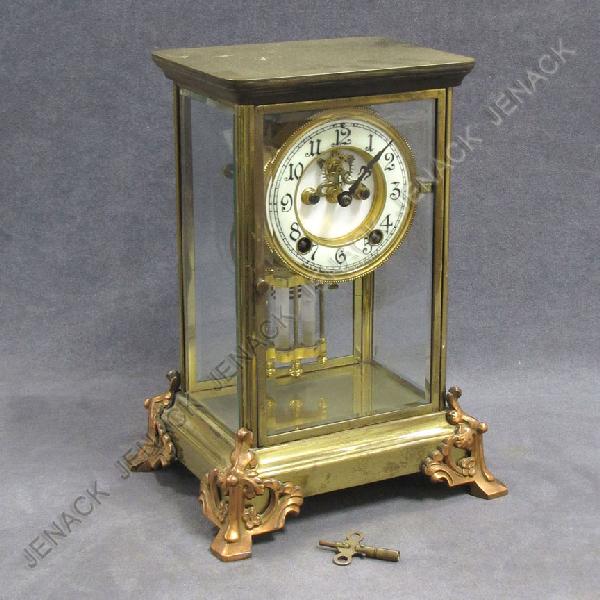 NEW HAVEN BRASS CRYSTAL REGULATOR "TOLUSO" CLOCK: NEW HAVEN BRASS CRYSTAL REGULATOR "TOLUSO" SHELF CLOCK, C.1911. HEIGHT 11 1/2"