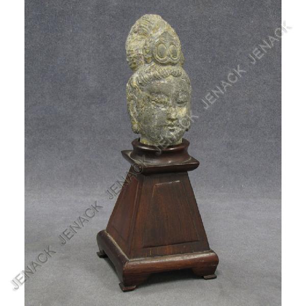 CHINESE MING PERIOD CARVED LIMESTONE HEAD: CHINESE MING PERIOD CARVED LIMESTONE HEAD OF KWAN YIN WITH CUSTOM HARDWOOD STAND. OVERALL/HEIGHT 9"