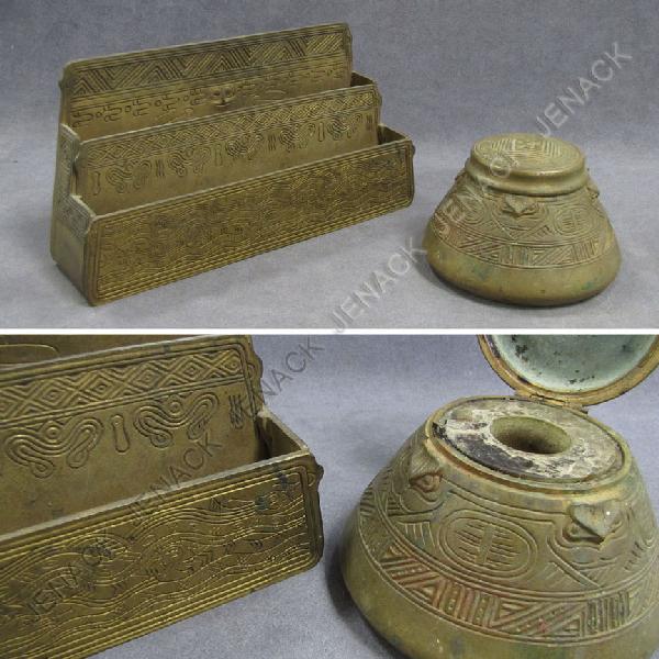 LOT (2) TIFFANY STUDIOS NEW YORK BRONZE "INDIAN" : LOT (2) TIFFANY STUDIOS NEW YORK BRONZE "INDIAN" PATTERN LETTER RACK AND INK WELL WITH LINER, #1186 & 1183. LETTER RACK/LENGTH 11"