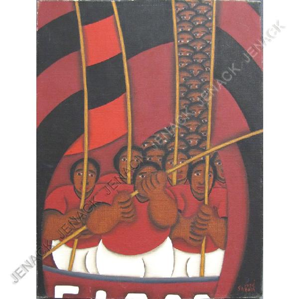 JOSE SABOIA (BRAZIL 1949-), OIL ON CANVAS: JOSE SABOIA (BRAZIL 1949-), OIL ON CANVAS, MEN WITH FLAGS, SIGNED. 15 3/4 X 11 3/4"