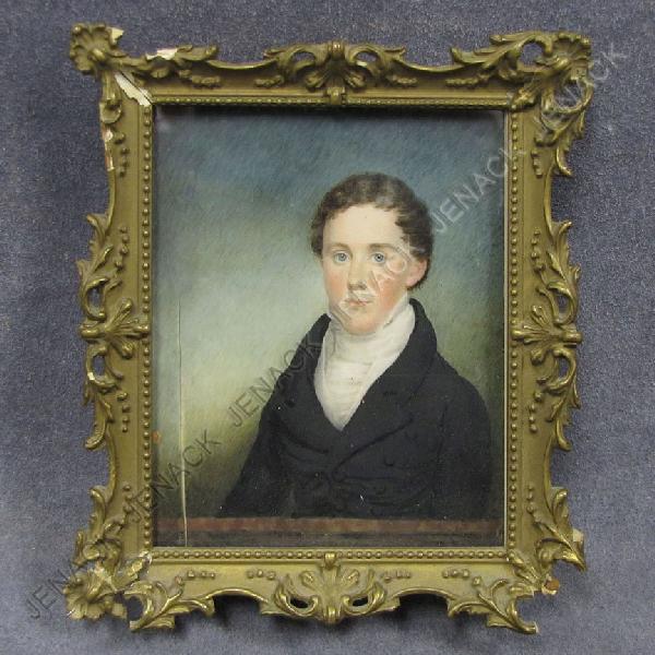 ATTRIBUTED TO SARAH GOODRIDGE (1788-1853) PORTRAIT: ATTRIBUTED TO SARAH GOODRIDGE (1788-1853), HAND PAINTED MINIATURE ON IVORY, A YOUNG GENTLEMAN (POSSIBLY JOHN ADAMS BATES 1798-1871). 4 1/4 X 3 1/4" (IVORY SPLIT). FRAMED & GLAZED 4 1/4 X 3 1/4"; FRAME