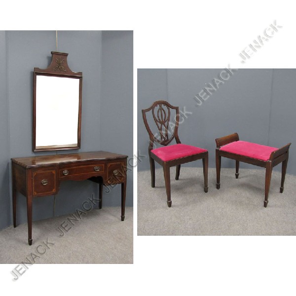 LOT (4) HEPPLEWHITE STYLE INLAID DRESSING TABLE: LOT (4) INCLUDING HEPPLEWHITE STYLE INLAID MAHOGANY DRESSING TABLE, BENCH, CHAIR, AND MIRROR. HEIGHT 30"; WIDTH 47" MIRROR/HEIGHT 43"