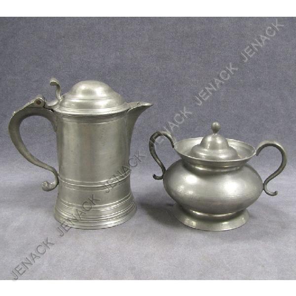 LOT (2) AMERICAN PEWTER COVERED SUGAR & PITCHER: LOT (2) AMERICAN PEWTER INCLUDING COVERED SUGAR & ALE PITCHER, TOUCH MARK LUTHER BOARDMAN, NEW YORK, 19TH CENTURY. HEIGHT 6" & 8"