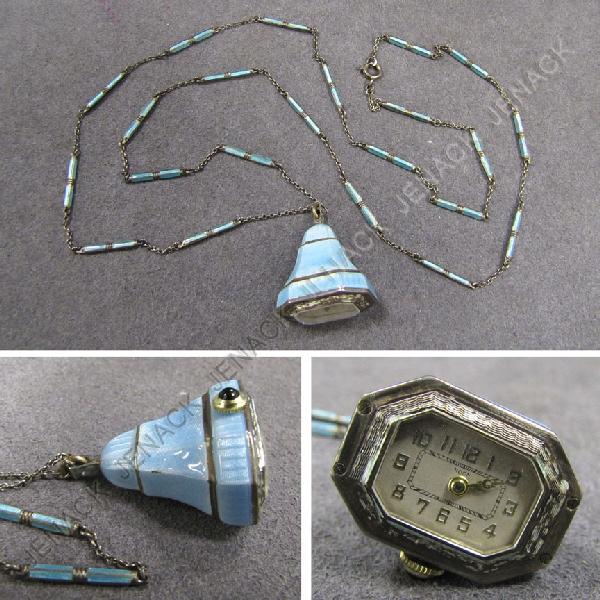 ART NOUVEAU SILVER AND GUILLOCHE ENAMELED PENDANT: ART NOUVEAU SILVER AND GUILLOCHE ENAMELED PENDANT FOB STYLE WATCH AND CHAIN. CHAIN/LENGTH 28"; HEIGHT WATCH 1" (SLIGHT NICK ON ENAMEL)