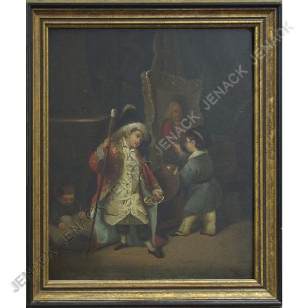 GERMAN SCHOOL (19TH CENTURY), OIL ON COPPER: GERMAN SCHOOL (19TH CENTURY), OIL ON COPPER, PLAYING GROWN UP, UNSIGNED. 9 3/4 X 8 1/2"; FRAMED 12 X 10"