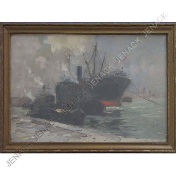 FRANCIS HOPKINSON SMITH, WATERCOLOR: FRANCIS HOPKINSON SMITH (AMERICAN/NEW YORK 1838-1915), WATERCOLOR, DOCK SCENE-VENICE, SIGNED. 16 X 24"; FRAMED AND GLAZED-19 X 27"