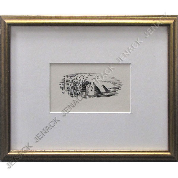 PEGGY BACON (AMERICAN 1895-1987), PEN/INK: PEGGY BACON (AMERICAN 1895-1987), PEN/INK, "ANACHRONISM", ORIGINAL ILLUSTRATION FROM THE BOOK OF POEMS "CAT CALLS", SIGNED. SIGHT 2 7/8 X 5"; FRAMED AND GLAZED-9 X 11" INCLUDING COPY OF LETTER FROM AL