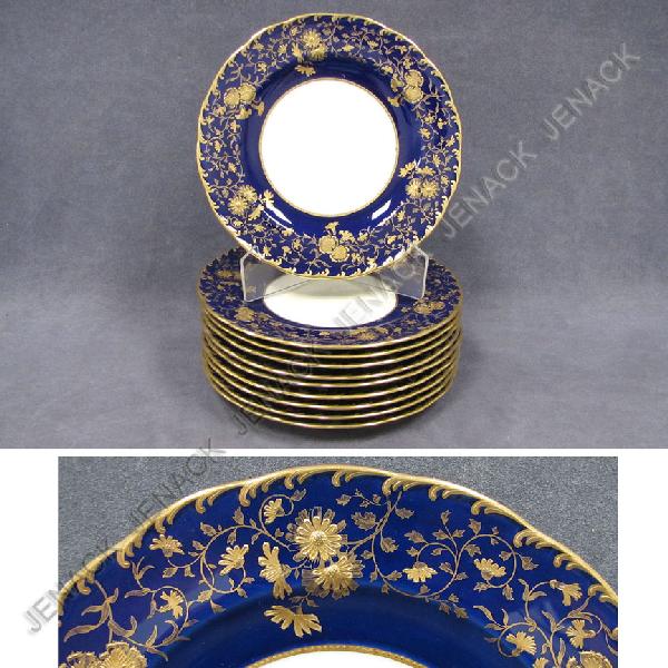 MINTON COBALT GILT PORCELAIN DESSERT PLATES: MINTON COBALT GILT PORCELAIN DESSERT PLATES. DIAMETER 9"