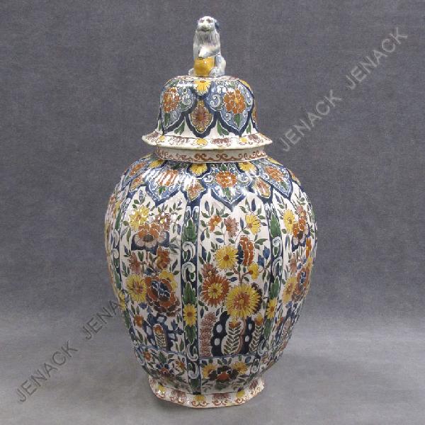 ARRAS FAIENCE POTTERY COVERED JAR, PAS-DE-CALAIS: ARRAS FAIENCE POTTERY COVERED JAR, PAS-DE-CALAIS, 19TH CENTURY. HEIGHT 19" (RIM CHIPS)