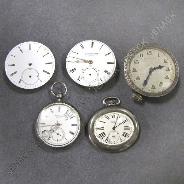 LOT (5) INCLUDING MOVADO CHRONOMETER POCKET WATCH: LOT (5) INCLUDING MOVADO CHRONOMETER POCKET WATCH, SANDOZ-VUILLE AUTO CLOCK, J.W. BENSON "LUDGATE" SILVER OPEN FACE KEY WIND POCKET WATCH, EARLY GEORGE R. FRODSHAM FUZEE, KEY WIND MOVEMENT, AND ANOTHE