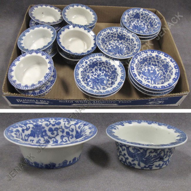 (2) SETS OF (10) JAPANESE "PHOENIX BIRD" RAMAKINS: (2) SETS OF (10) JAPANESE "PHOENIX BIRD" BLUE AND WHITE PORCELAIN RAMAKINS. DIAMETER 3 1/2" & 4" PROVENANCE: JOHN DAVID WHITE COLLECTION