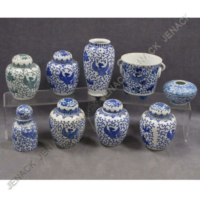 LOT (9) JAPANESE "PHOENIX BIRD" DRESSER ITEMS: LOT (9) JAPANESE "PHOENIX BIRD" BLUE AND WHITE PORCELAIN INCLUDING (5) GINGER JARS (1/GREEN), VASE, COLOGNE, HAIR RECEIVER, AND CACHE POT. HEIGHT 2 1/2"-6 1/2" PROVENANCE: JOHN DAVID WHITE COLLECTION