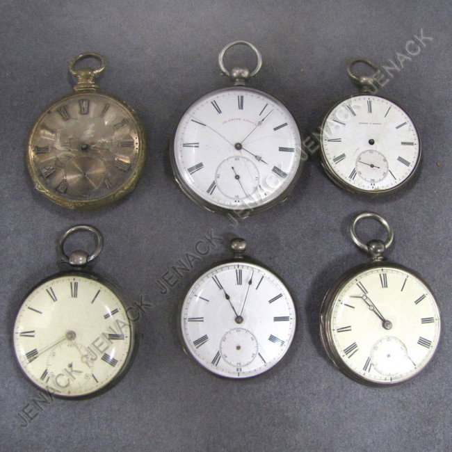 LOT (6) ASSORTED CONTINENTAL KEY WIND POCKET WATCH: LOT (6) ASSORTED CONTINENTAL KEY WIND POCKET WATCHES INCLUDING SILVER, CHARLES SMITH/LONDON, GIRARD A GENEVE, TOBIAS, ETC. DIAMETER 1 3/4"-2 1/4