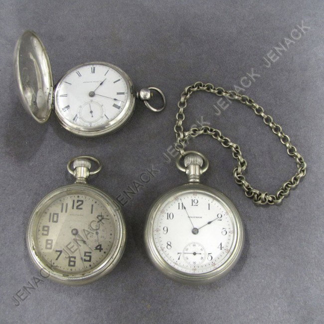 LOT (3) ASSORTED VINTAGE POCKET WATCHES: LOT (3) ASSORTED VINTAGE POCKET WATCHES INCLUDING WALTHAM OPEN FACE P.S. BARTLETT, 58MM; WALTHAM OPEN FACE WITH CHAIN, 58MM; AMERICAN WATCH CO. COIN SILVER/WM ELLERY KEY WIND HUNTER CASE, 55MM