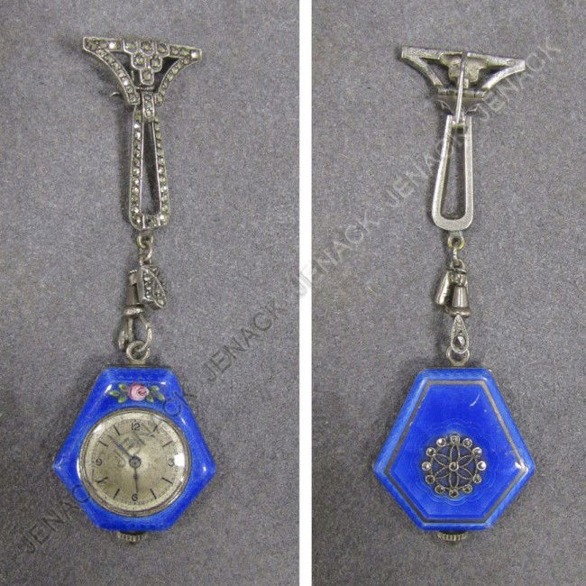 VINTAGE C. BUCHERER PENDANT WATCH: VINTAGE C. BUCHERER .935 SILVER, ENAMEL AND MARCASITE 15-JEWEL PENDANT WATCH/PIN, SIGNED. HEIGHT 3 1/4"