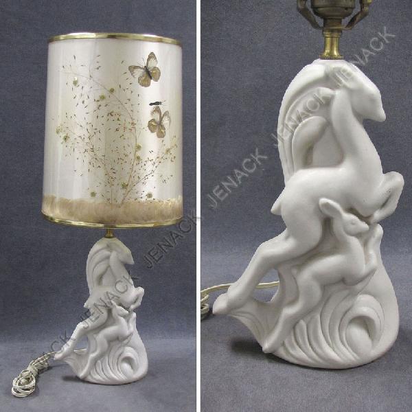 VAN BRIGGLE POTTERY TABLE LAMP: VAN BRIGGLE POTTERY TABLE LAMP, SIGNED WITH RETRO BUTTERFLY MOUNTED SHADE. HEIGHT 24"