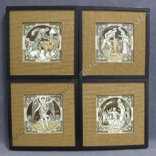 AESTHETIC ENGLISH DECORATED "SEASONAL" TILES: LOT (4) AESTHETIC ENGLISH DECORATED "SEASONAL" TILES, SIGNED MOYR SMITH. FRAMED 10 1/2 X 10 1/2"