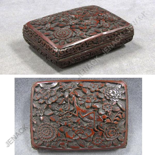 CHINESE CARVED CINNABAR COVERED BOX: CHINESE CARVED CINNABAR COVERED BOX. 3 1/2 X 5"