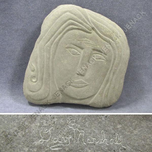 DAVID GEORGE MARSHALL (AMERICAN NEW YORK): DAVID GEORGE MARSHALL (AMERICAN NEW YORK/BRITISH COLUMBIA 1936-), CARVED SAND STONE FEMALE HEAD, SIGNED. HEIGHT 8"; WIDTH 7 1/2" PROVENANCE: MARION HARRIS GALLERY, WOODHAVEN, SIMSBURY CONN, JAY JOHNSO