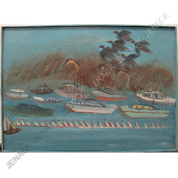 BRUNO DEL FAVERO (AMERICAN 1910-1995), OIL: BRUNO DEL FAVERO (AMERICAN 1910-1995), OIL ON PANEL, SAILBOATS AND DUCKS, SIGNED. 24 X 32"