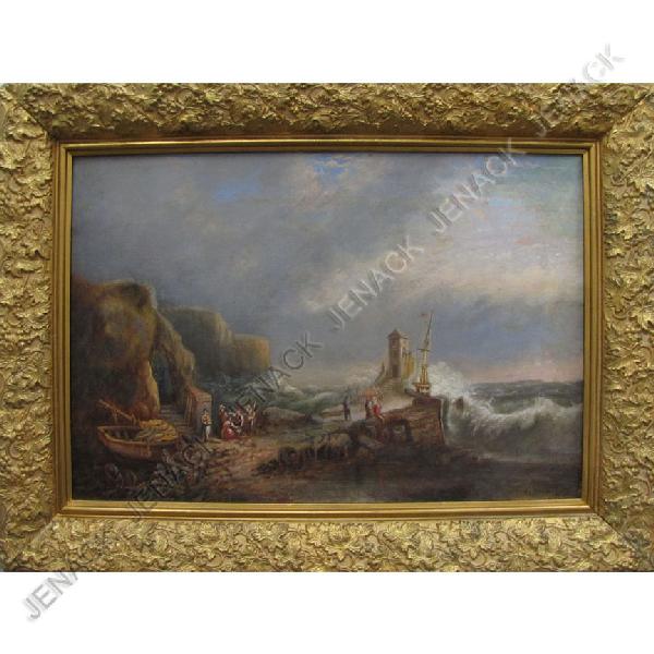 JAMES BURRELL SMITH (ANGLO/AMERICAN 1824-1897): JAMES BURRELL SMITH (ANGLO/AMERICAN 1824-1897), OIL ON CANVAS, COASTAL SCENE WITH FIGURES, SIGNED 1880. 16 X 24"; FRAMED 21 1/2 X 29 1/2" (OLD REPAIRS)