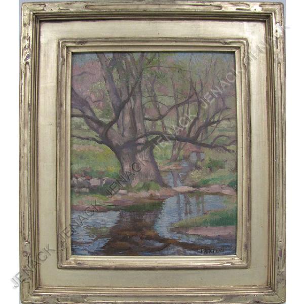 WILLIAM MCGREGOR PAXTON (AMERICAN/MASSACHUSETTS): WILLIAM MCGREGOR PAXTON (AMERICAN/MASSACHUSETTS 1869-1941), OIL ON PANEL, WOODED LANDSCAPE, SIGNED. 15 X 12"; FRAMED 22 X 19" (PROVENANCE: GROGAN & CO., BOSTON)