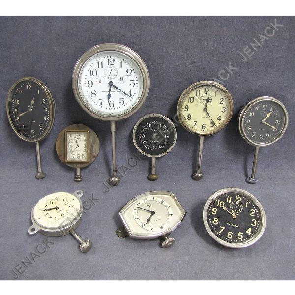 LOT (9) ASSORTED VINTAGE AUTOMOBILE CLOCKS: LOT (9) ASSORTED VINTAGE AUTOMOBILE CLOCKS INCLUDING WALTHAM ELGIN, JAEGER, ETC.