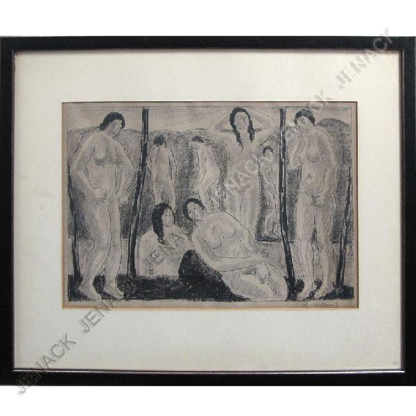 ABRAHAM WALKOWITZ (AMERICAN 1878-1965) LITHOGRAPH: ABRAHAM WALKOWITZ (AMERICAN 1878-1965) LITHOGRAPH, THE BATHS, SIGNED. SIGHT 10 1/4 X 16 1/2"; FRAMED & GLAZED 17 1/2 X 23 1/2"