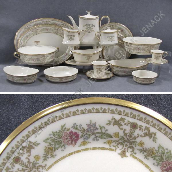LENOX "CASTLE GARDEN" DINNER SERVICE: LENOX "CASTLE GARDEN" DINNER SERVICE FOR (10) WITH EXTRAS INCLUDING (11) DINNER PLATES, 10 1/2"; (12) SALAD PLATES, 8"; (12) DESSERT PLATES, 6 3/8"; (11) SOUPS, 7 1/2"; (10) BERRY BOWLS, 5 3/8"; (12) 