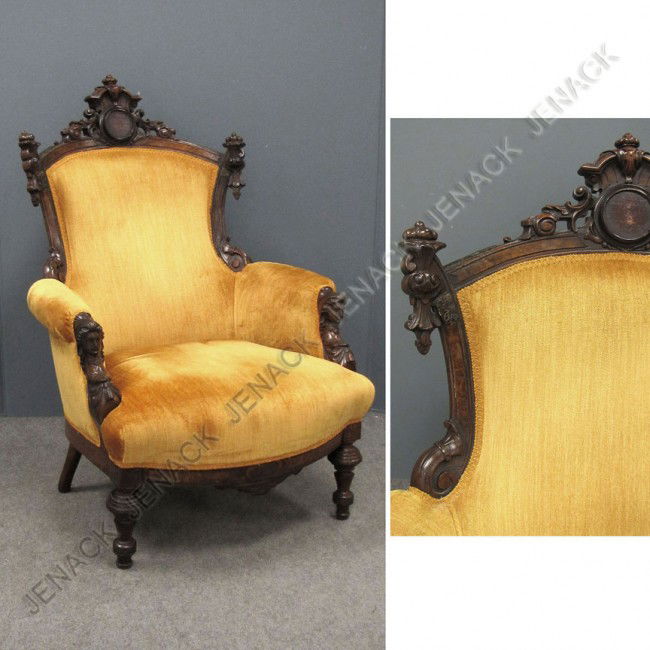 JOHN JELLIFF RENAISSANCE REVIVAL WALNUT ARMCHAIR: JOHN JELLIFF RENAISSANCE REVIVAL CARVED WALNUT GENTLEMAN'S ARMCHAIR, 19TH CENTURY. (REPAIRS)
