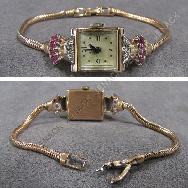 RETRO BULOVA 14K PINK GOLD WRISTWATCH: RETRO BULOVA 14K PINK GOLD, DIAMOND, AND RUBY MOUNTED 17-JEWEL MECHANICAL LADY'S WRISTWATCH WITH 14K SNAKE BRACELET. WEIGHABLE 13.23 GRAMS