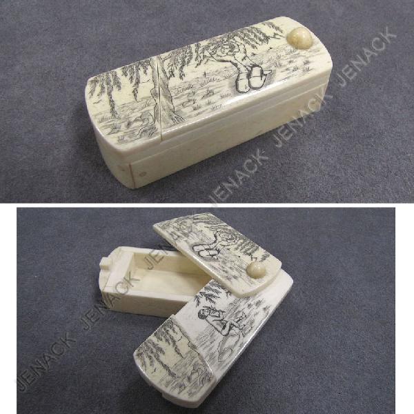 CARVED AND SCRIMSHAW IVORY PUZZLE BOX: CARVED AND SCRIMSHAW IVORY PUZZLE BOX. LENGTH 3 1/4" **CANNOT EXPORT IVORY**