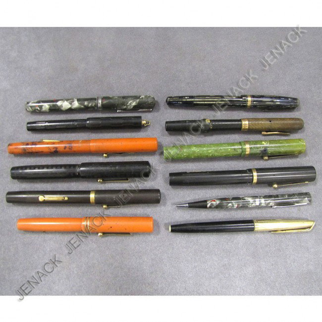 LOT (12) ASSORTED VINTAGE FOUNTAIN PENS/PENCILS: LOT (12) ASSORTED VINTAGE FOUNTAIN PENS/PENCILS INCLUDING WATERMAN'S, PARKER, SHEAFFER'S, WAHL, CONKLIN, & AIKIN LAMBERT