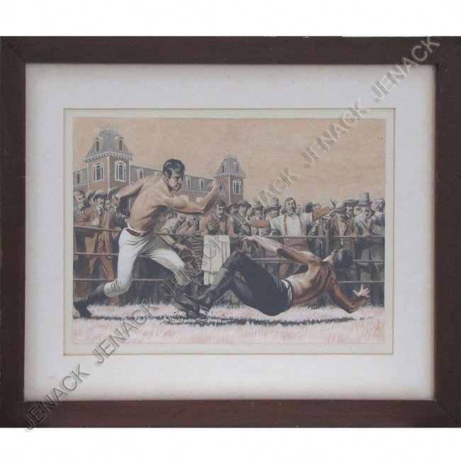 AMERICAN SCHOOL (20TH CENTURY) WATERCOLOR/GOUACHE: AMERICAN SCHOOL (20TH CENTURY) WATERCOLOR/GOUACHE, ILLUSTRATION, BARE KNUCKLE BOXING MATCH. SHEET 11 X 17"; FRAMED & GLAZED 19 X 25"