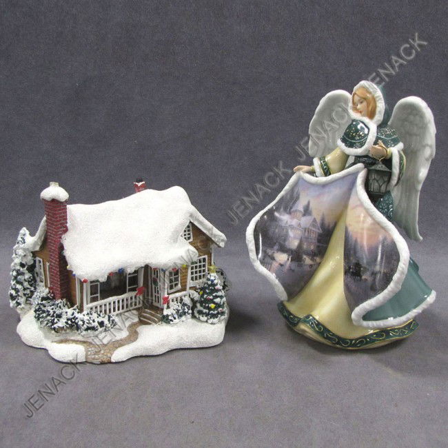 LOT (2) THOMAS KINKADE CHRISTMAS FIGURES: LOT (2) THOMAS KINKADE CHRISTMAS FIGURES INCLUDING, MUSICAL "ANGEL OF PEACE" & "CHILDHOOD HOME". HEIGHT 5" & 8"