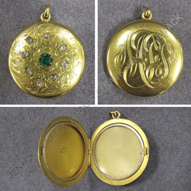 14K YELLOW GOLD, DIAMOND & EMERALD LOCKET: VINTAGE 14K YELLOW GOLD, DIAMOND & EMERALD (POSSIBLY DYED) LOCKET, MONOGRAMMED. DIAMETER 1 1/4"; GROSS WEIGHT 11.14 GRAMS
