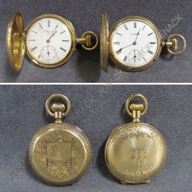 LOT (2) HUNTER CASED POCKET WATCHES: LOT (2) VINTAGE GOLD FILLED HUNTER CASED POCKET WATCHES INCLUDING L. REYMOND/A.C. SMITH, 43MM & A.W.C./WM ELLERY, 42 MM