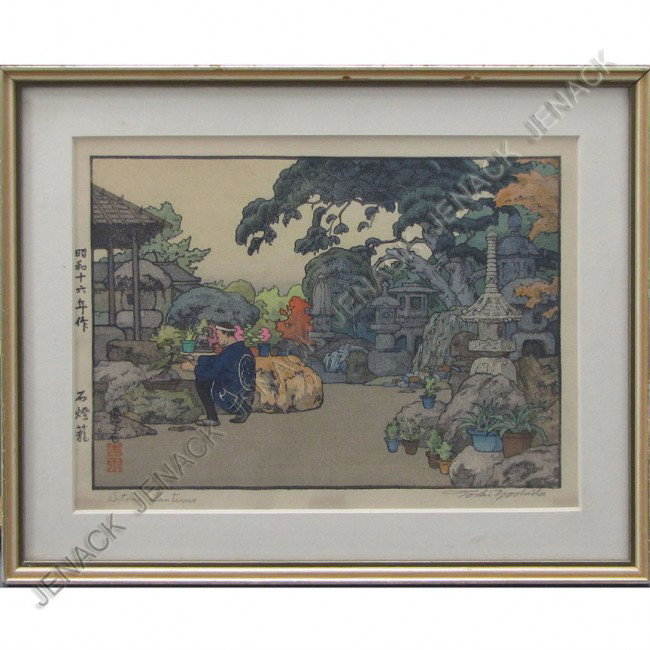 TOSHI YOSHIDA (JAPANESE 1911-1995), WOODBLOCK: TOSHI YOSHIDA (JAPANESE 1911-1995), WOODBLOCK PRINT, "STONE LANTERNS", SIGNED, SEALED, AND TITLED. PLATE 6 5/8 X 9 3/8"; FRAMED AND GLAZED-10 1/4 X 13"