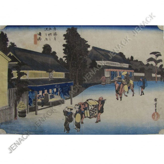 ANDO HIROSHIGE (JAPANESE 1797-1858) WOODBLOCK: ANDO HIROSHIGE (JAPANESE 1797-1858) WOODBLOCK PRINT, NARUMI (#41 OF THE 53 STATIONS OF TOKAIDO). SHEET 8 3/4 X 13 1/2" (TRIMMED)