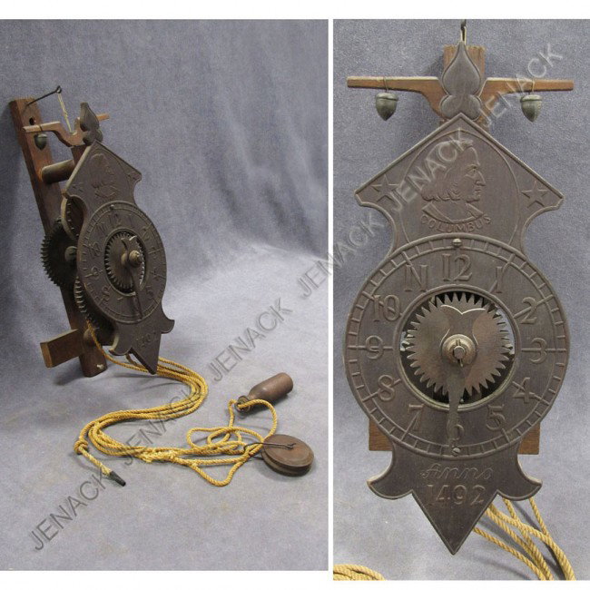 CHRISTOPHER COLUMBUS WALL CLOCK WITH WOOD WORKS: CHRISTOPHER COLUMBUS WALL CLOCK WITH WOOD WORKS. HEIGHT 14"
