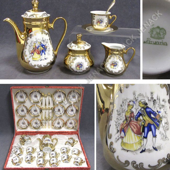 BAVARIAN GILT TRANSFER DECORATED TEA SET: BAVARIAN GILT TRANSFER DECORATED TEA SET (SERVICE 12), CASED (NIB). HEIGHT/TEA POT 8"