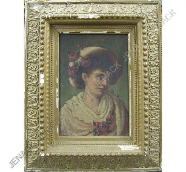 ITALIAN SCHOOL (19TH CENTURY), OIL ON PANEL: ITALIAN SCHOOL (19TH CENTURY), OIL ON PANEL, YOUNG WOMAN WITH HAT, SIGNED G. ROBERTY. 10 X 7"; FRAMED 16 1/2 X 13 1/2"