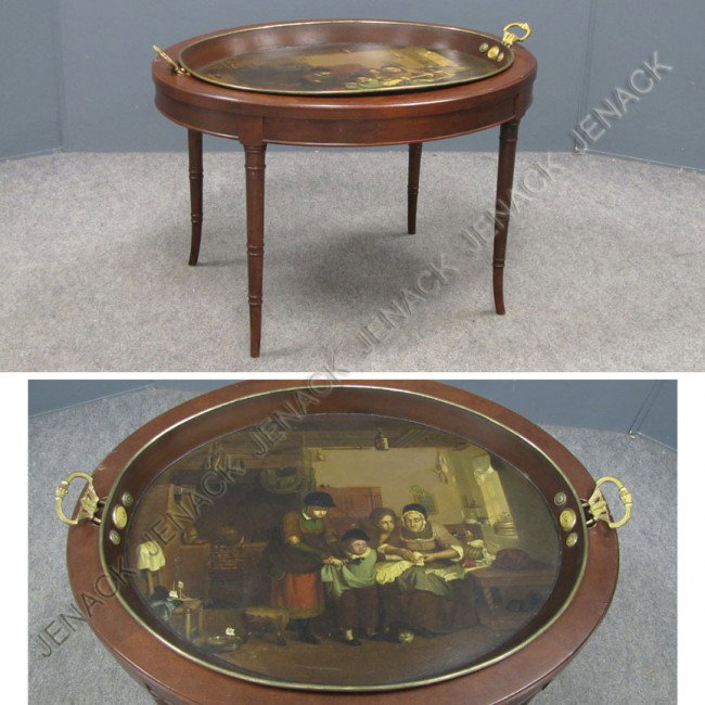 CONTINENTAL HAND DECORATED TOLE TRAY: CONTINENTAL HAND DECORATED TOLE TRAY WITH BRASS MOUNTS AND CUSTOM STAND. HEIGHT 17"; 18 X 27"