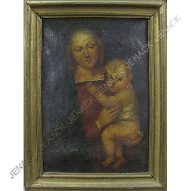 ITALIAN SCHOOL/AFTER RAPHAEL, OIL ON CANVAS: ITALIAN SCHOOL/AFTER RAPHAEL, OIL ON CANVAS LAID ON BOARD, MADONNA, GRAND TOUR ERA. 13 X 9"; FRAMED-16 X 12"