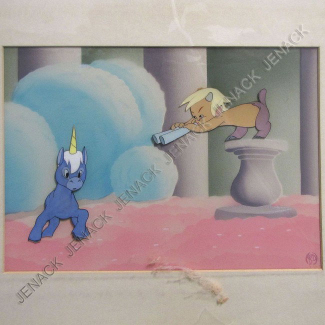 WALT DISNEY PRODUCTIONS, ORIGINAL CEL: WALT DISNEY PRODUCTIONS, ORIGINAL GOUACHE ON CELLULOID, ANIMATION CEL WITH PAINTED BACKGROUND OF UNICORN AND YOUNG CENTAURETTE, FROM FANTASIA C.1940, STAMPED "WDP", LABEL FROM COURVOISIER GALLERIES. 7